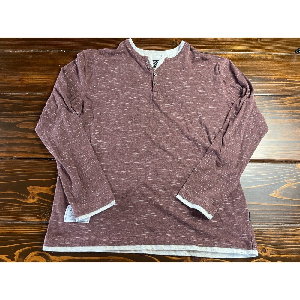 Zimego Shirt Men's Size XL Burgundy Gray Heather Long Sleeve Round Henley Tee